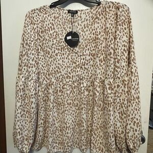 mittoshop Cream and Brown Leopard Print Peplum Blouse
